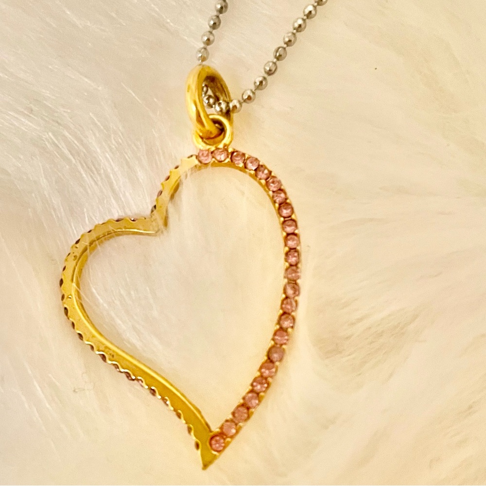 Beautiful heart shape necklace with half pink crystal, great gift for Xmas!